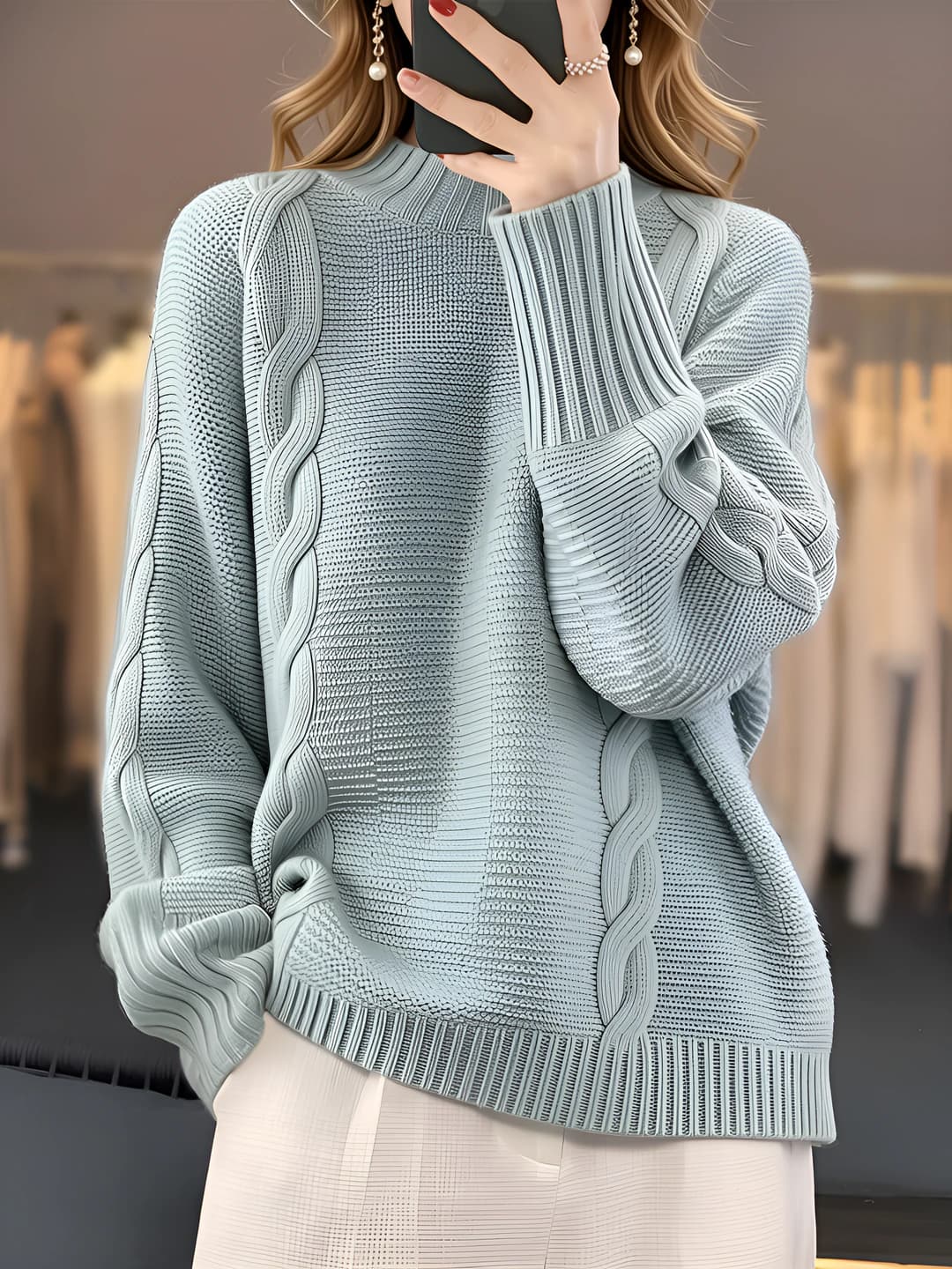 Women's autumn-winter thick wool and cashmere sweater, mock neck, loose fit, long sleeve, 3D pattern, craft: jacquard