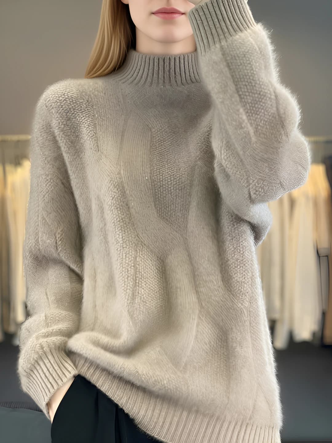 Women's autumn-winter wool sweater, high neck, thickened, loose fit, cashmere blend, long sleeve
