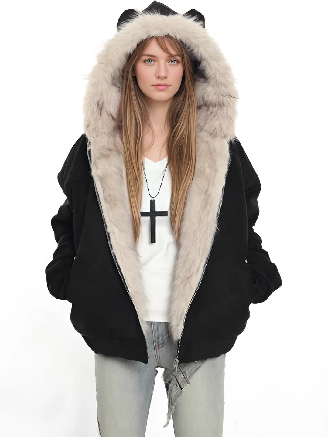 Ayollar uchun qishki puxli kurtka, teri qoplamali qalpoq, qalinlashtirilgan, bo'sh (oversize) kesim, fermuar, bir rangli
