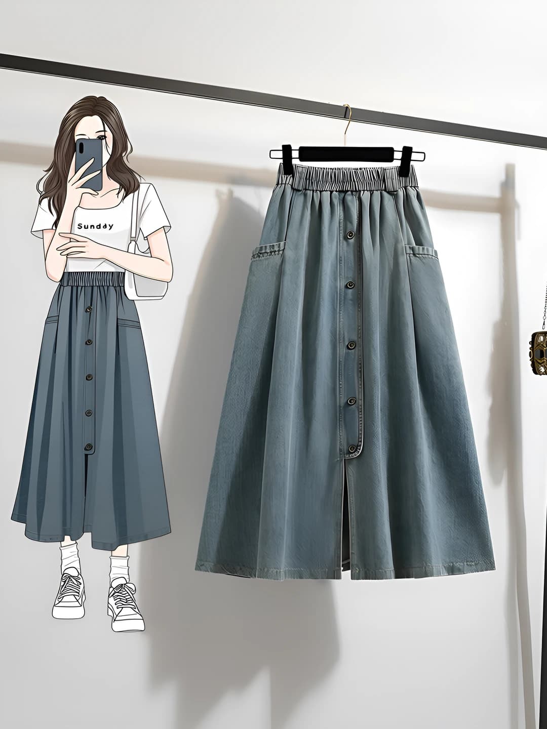 Ayollar uchun 2026 bahor-kuz bir rangli, katta o'lchamli, nozik ko'rsatadigan A-shakl denim yubka