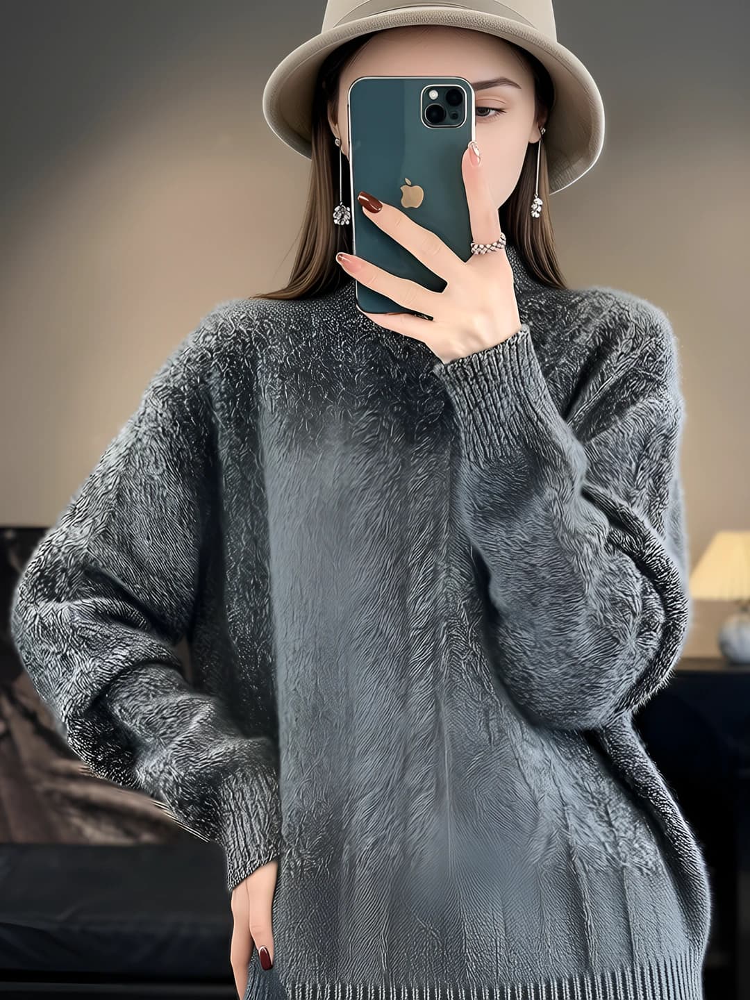 Women's wool sweater, autumn-winter, mock neck, solid colour, long sleeve, medium thickness, regular fit, garment length 50-65 cm