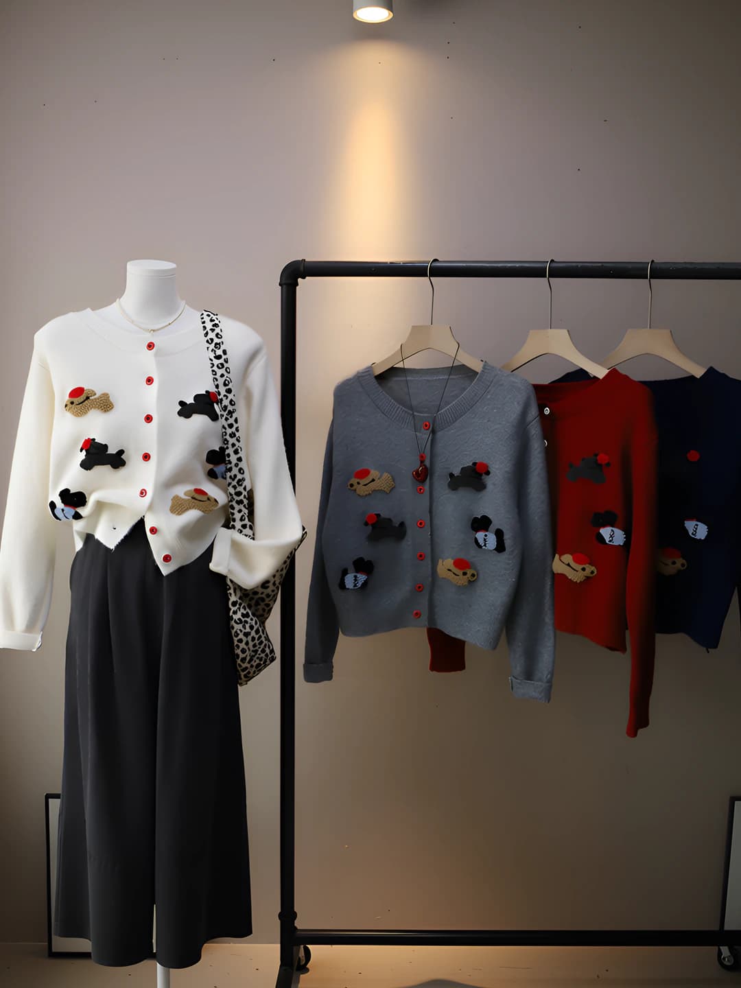 Women's 2026 autumn-winter Korean style cardigan with crew neck, embroidered, cropped