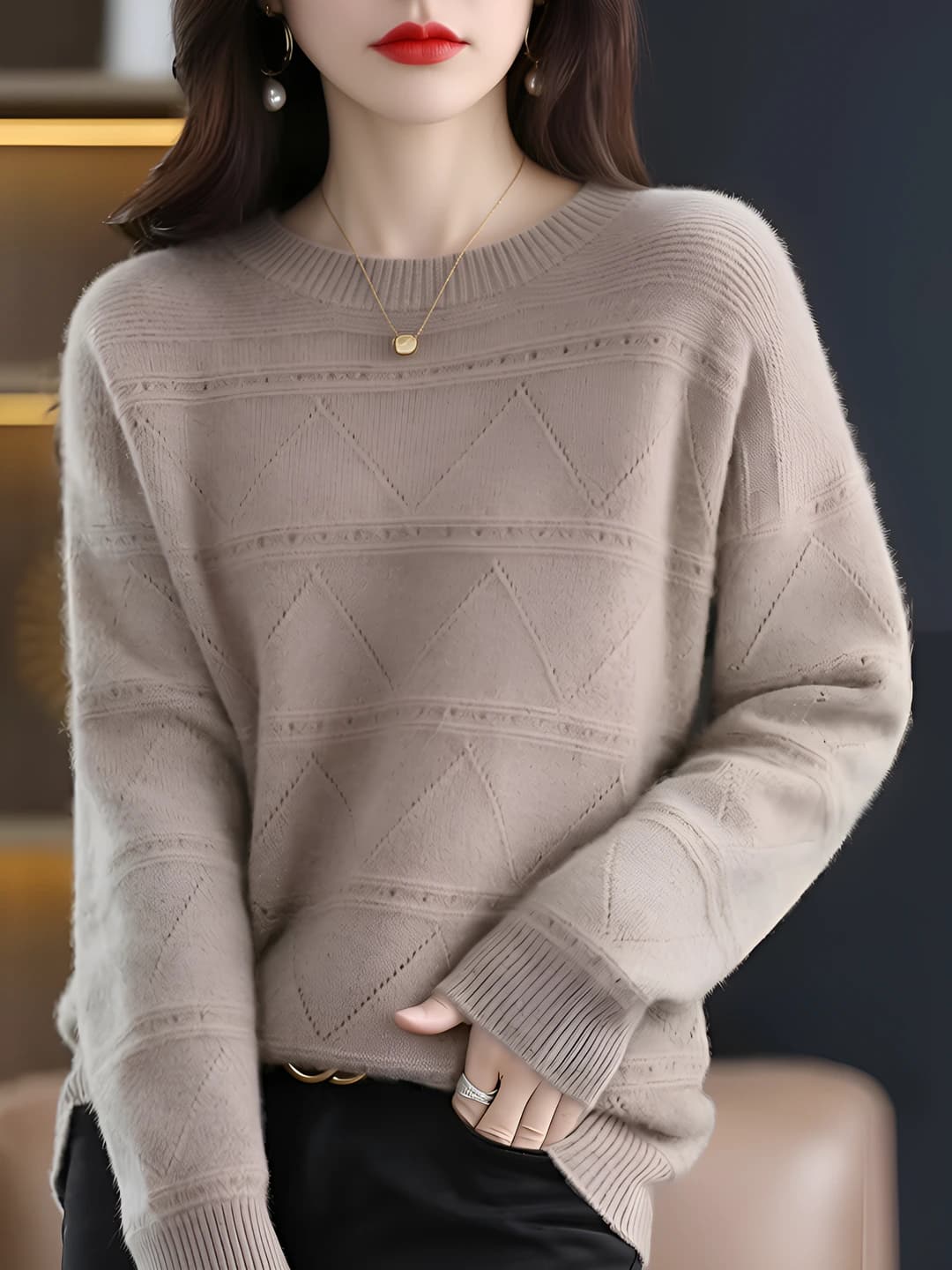 Women's autumn-winter solid colour mock neck loose fit long sleeve knit pullover sweater