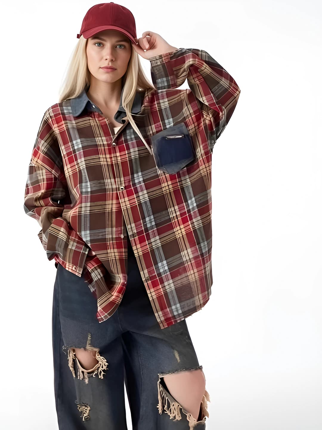 Women's retro checked shirt for autumn, loose fit, long sleeve, POLO collar, casual style