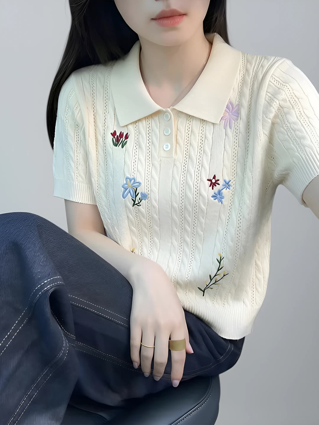 Women's 2026 summer short sleeve polo, lapel collar, embroidered knit top, polyester, casual style