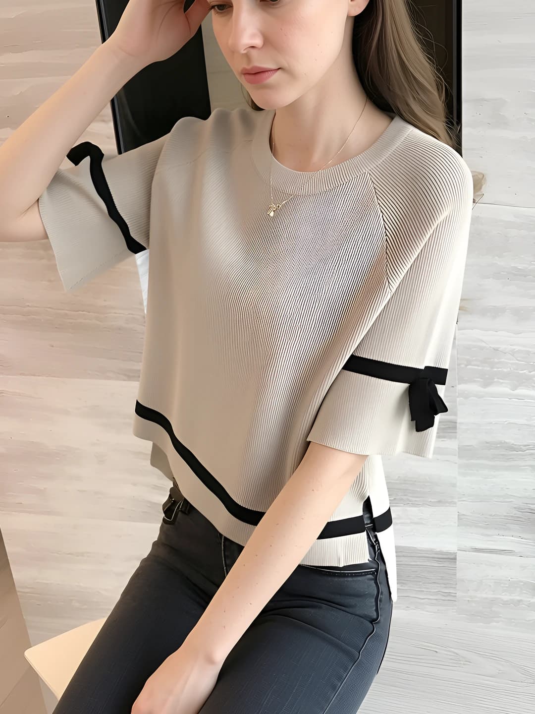 Women's ribbed knit short-sleeve top: crew neck, loose fit, solid colour, Korean style, summer