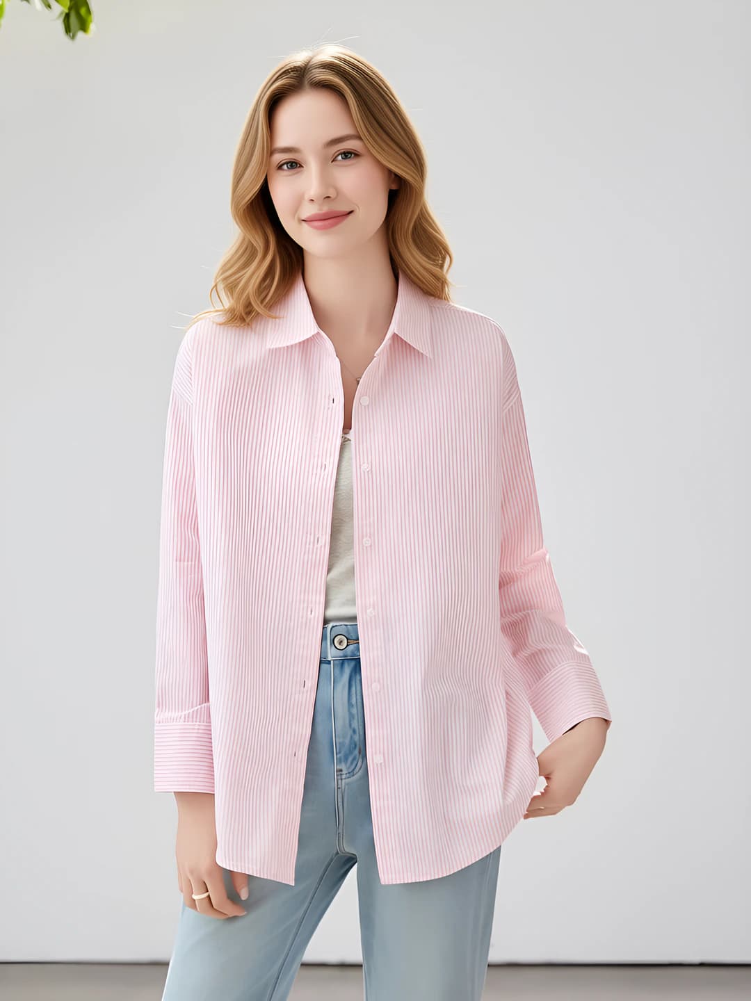 Women's 100% cotton striped long-sleeve shirt with lapel collar, thin, loose fit, spring-summer, casual style