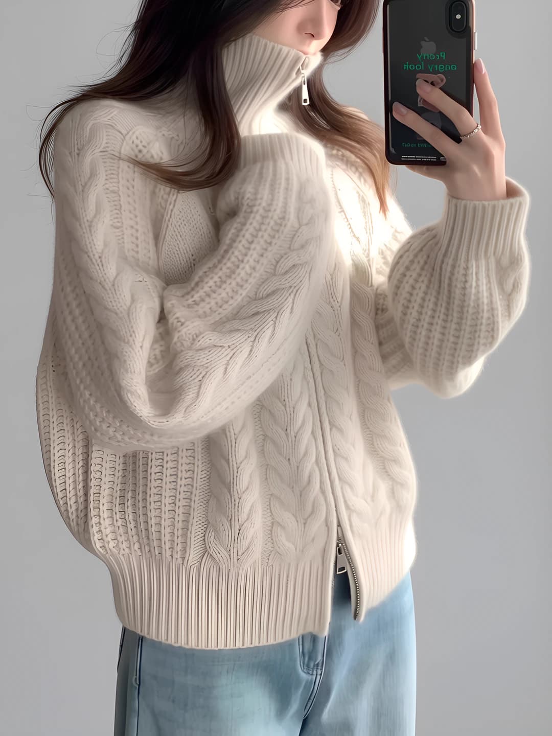 Women's 100% wool thickened cardigan, autumn-winter, high neck, zip, long sleeve, loose fit