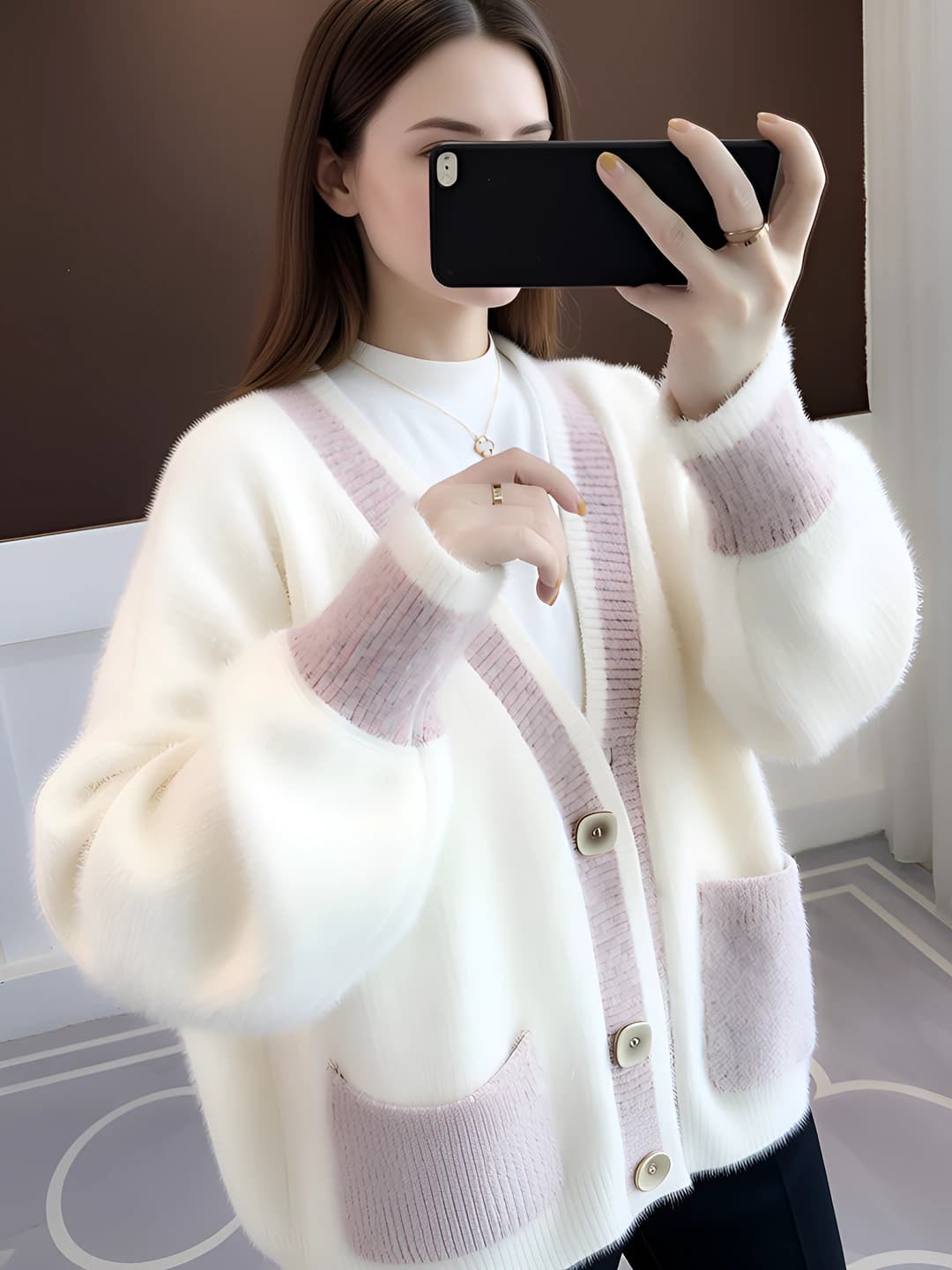 Women's 2026 autumn faux mink knit cardigan, loose fit, V-neck, long sleeve, button closure