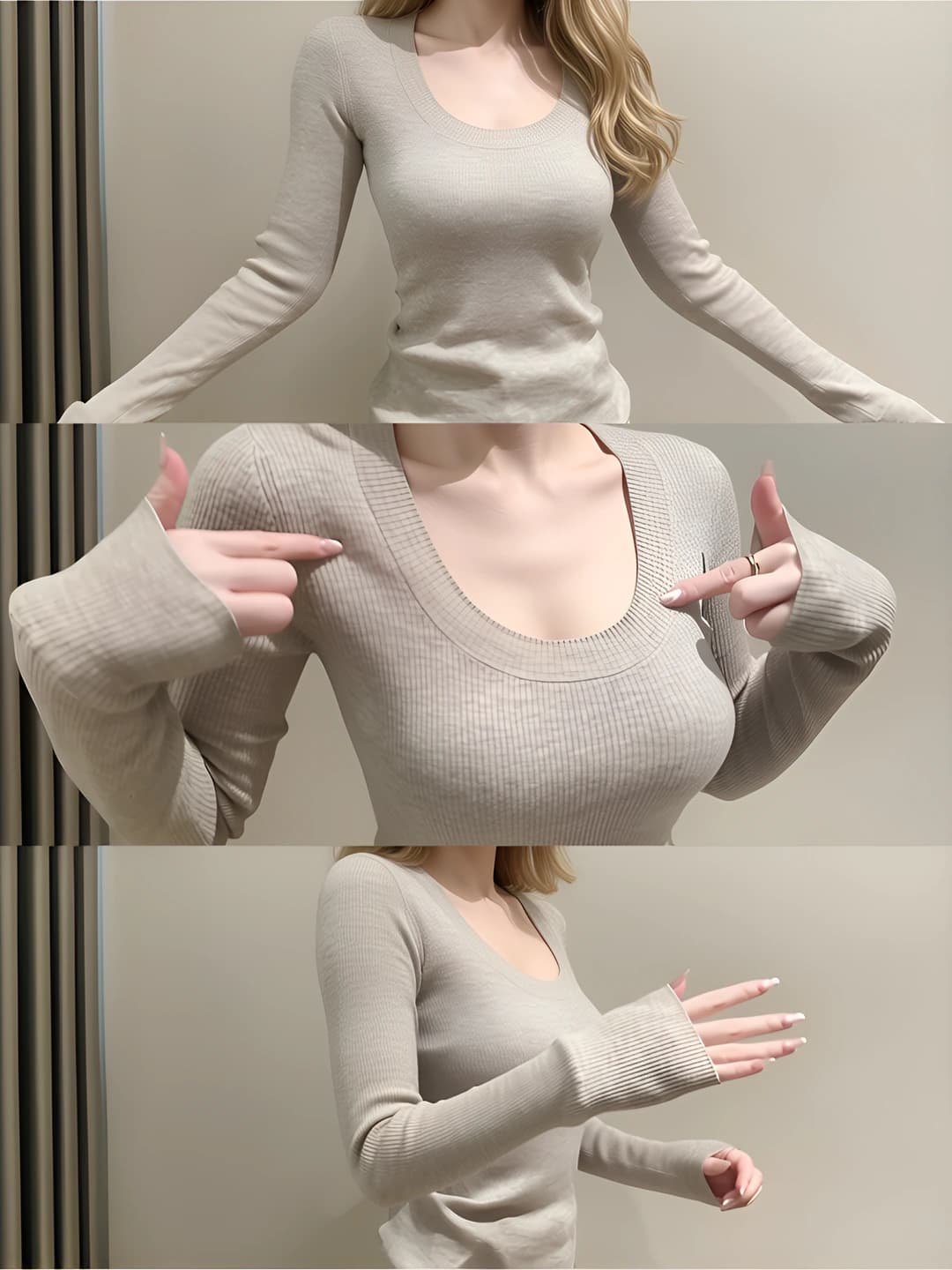 Women's French style U-neck long sleeve knitted top, slim fit, warm, for spring-autumn