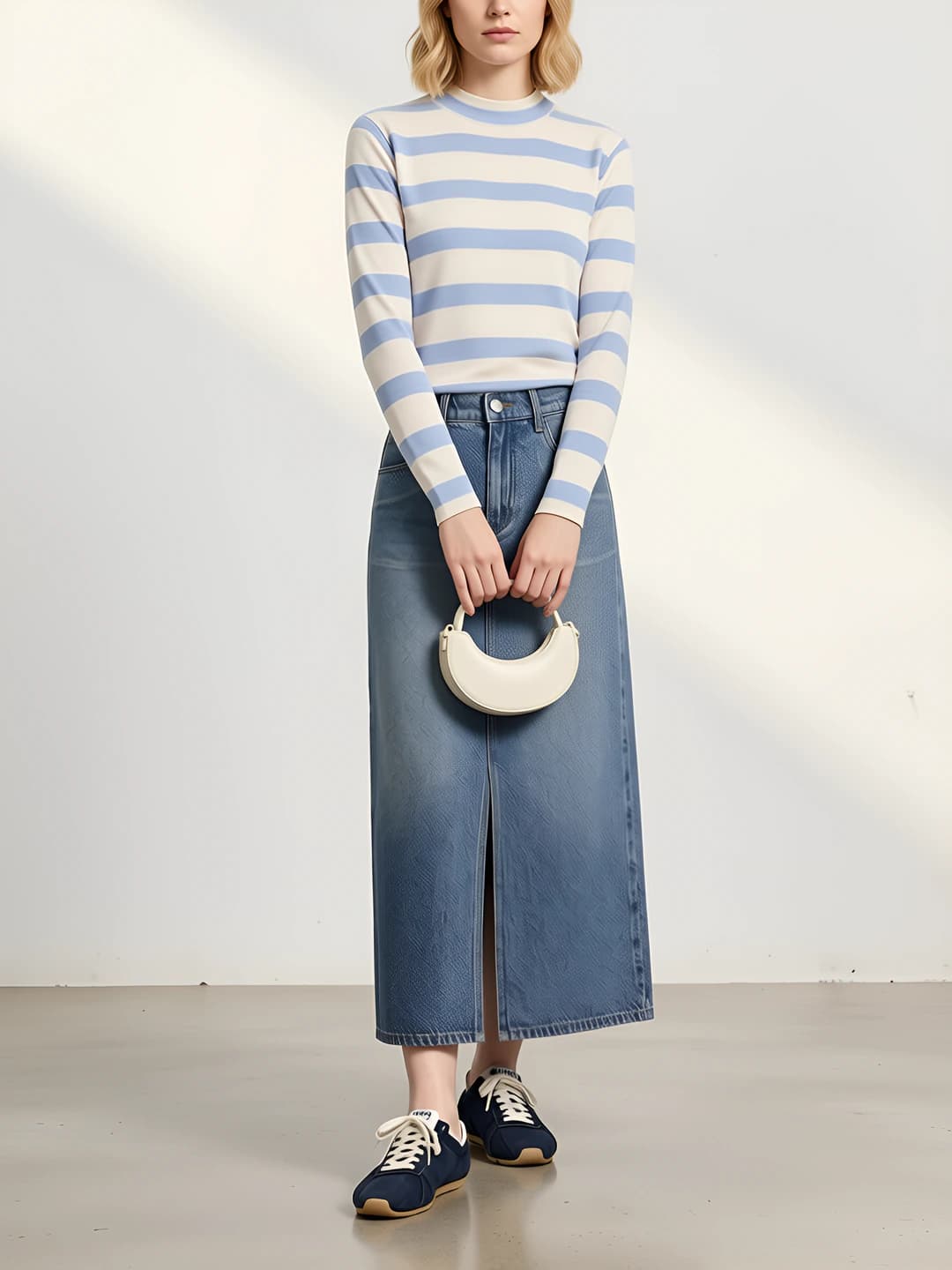 Women's retro high waist straight cut A-line mid-length solid colour stretch spring-summer denim skirt