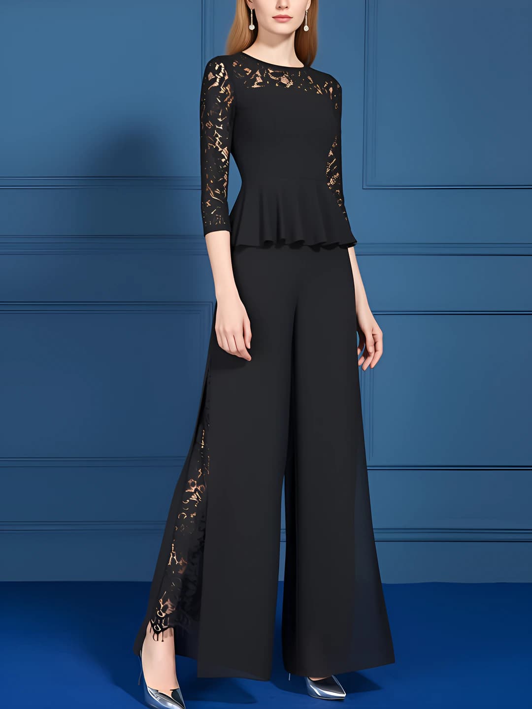Women's spring-summer set: lace top and wide-leg trousers, black, slimming