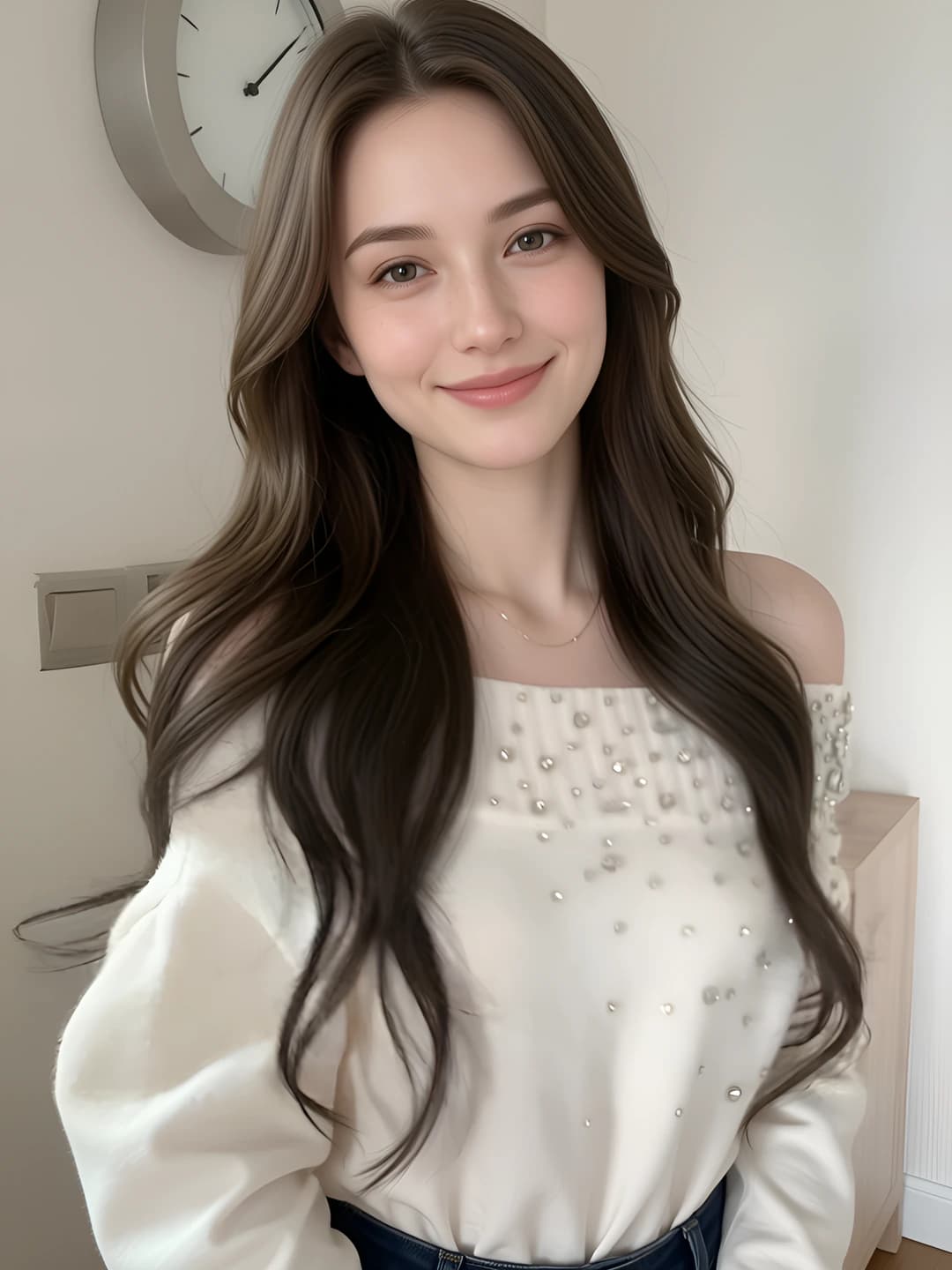 Ayollar uchun yelkalari pastga tushirilgan sviter, kuz-qish, bo'sh (oversize) kesim, uzun yeng, nozik ko'rsatadigan, dizaynli, shirin, sexy, kristallar bilan bezatilgan, yopiq yoqa, 50-65 sm