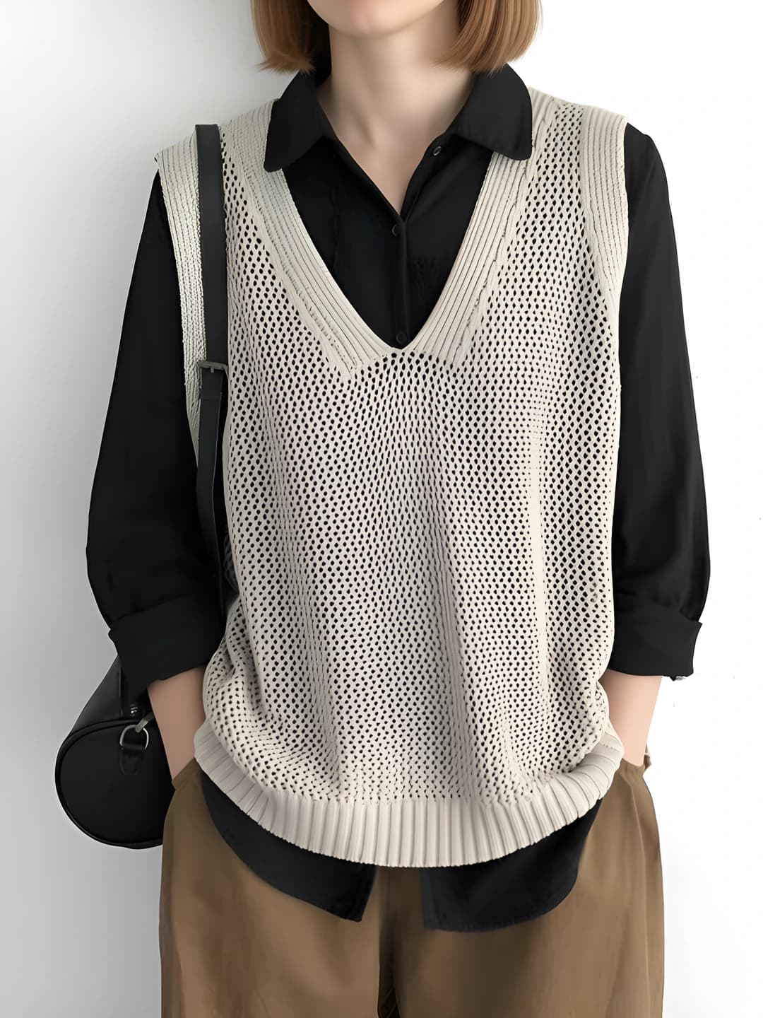 Women's spring-autumn V-neck sleeveless loose fit solid colour Korean style cropped knitted sweater vest