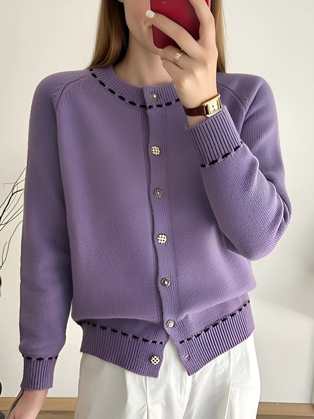 Women's autumn knit cardigan, crew neck, long sleeve, loose fit, solid colour, regular length