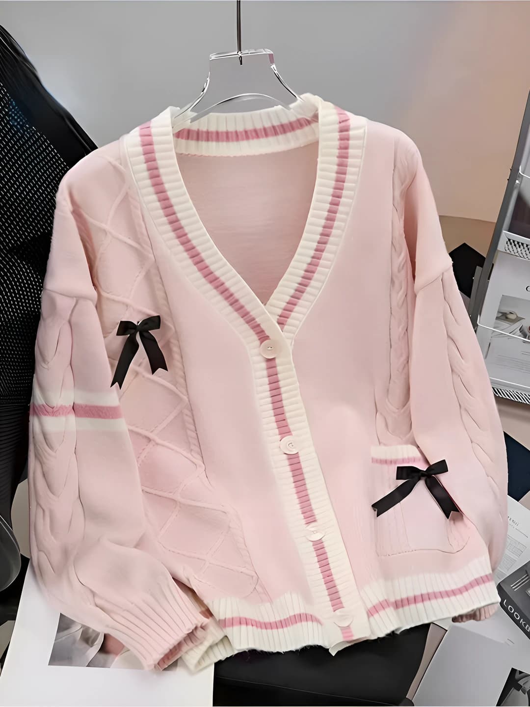 Women's knit cardigan: V-neck, long sleeve, loose fit, spring-autumn