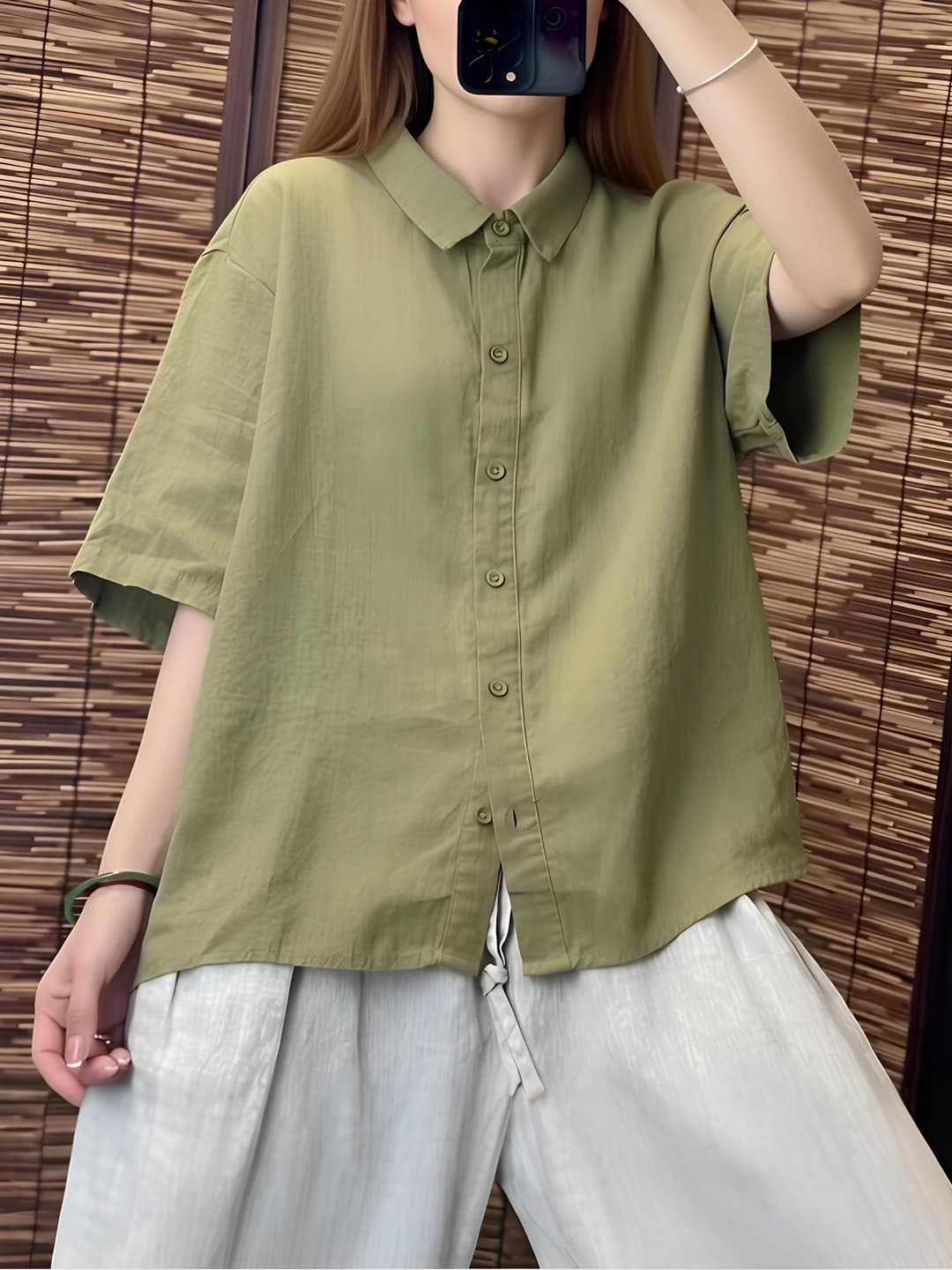 Women's summer short sleeve cotton-linen shirt, solid colour, loose fit, lapel collar, retro and HK style