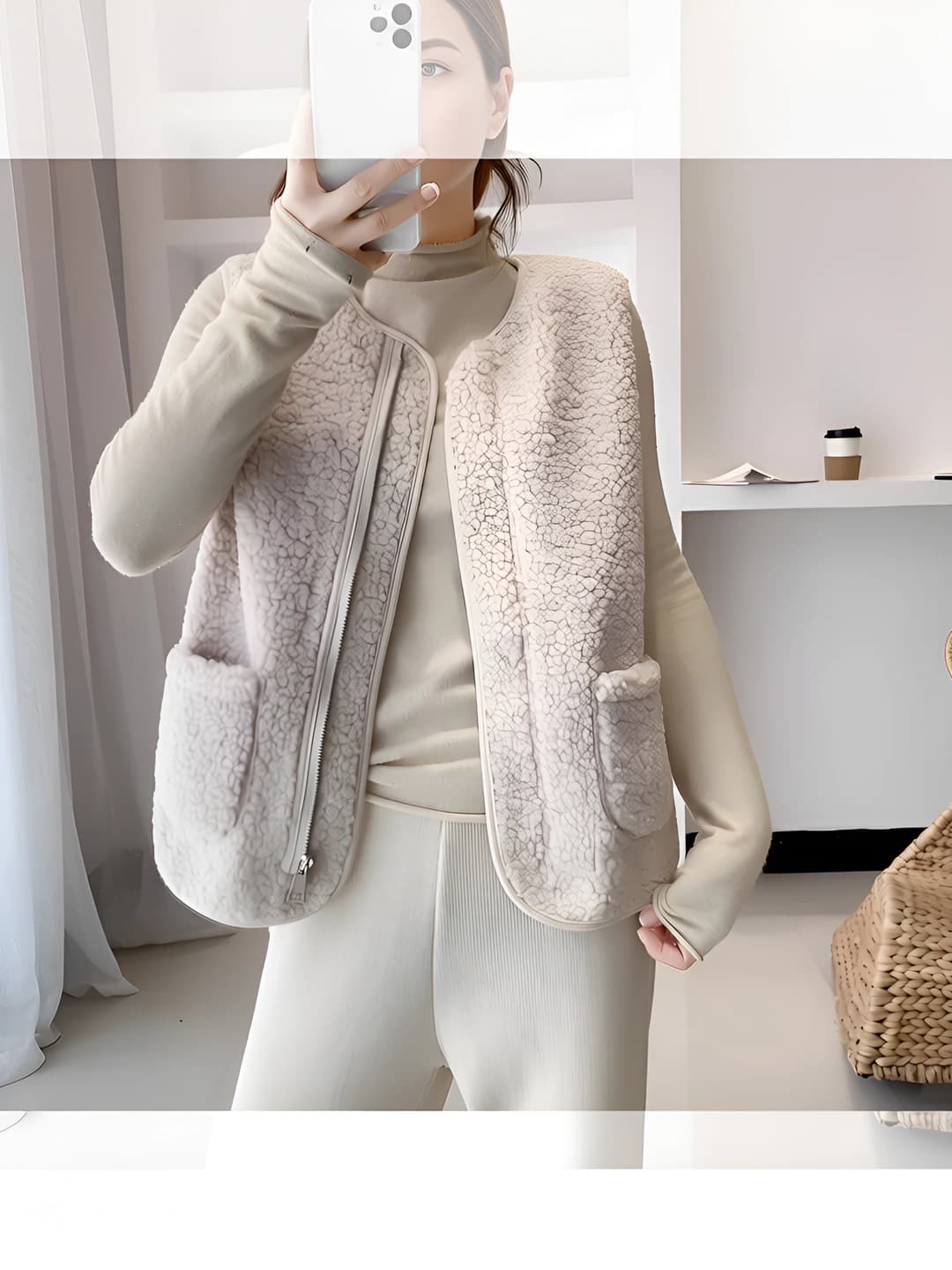 Women's retro solid colour polyester vest with zip, loose fit, cropped, autumn-winter