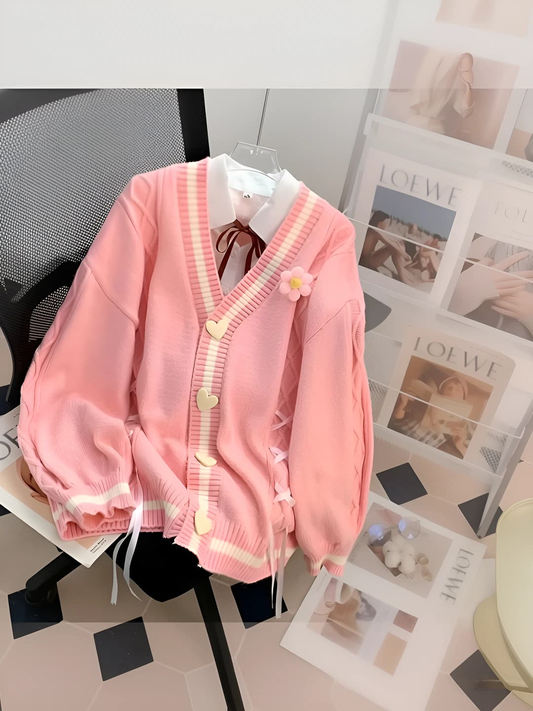 Women's autumn-winter knit cardigan, loose fit, crew neck, long sleeve, solid colour, bow pattern