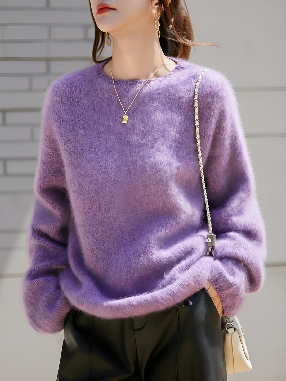 Women's autumn-winter thickened wool and cashmere sweater, crew neck, loose fit, long sleeve, 100% pure