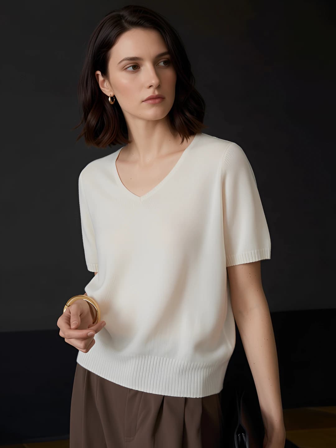 Women's V-neck short-sleeve cashmere knit top, loose fit, solid colour, thin, all-season