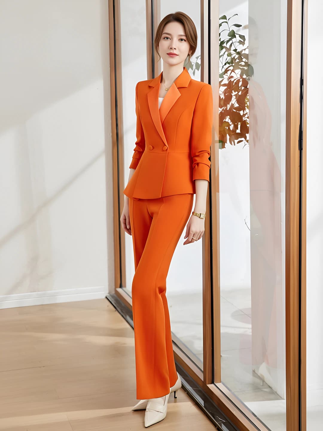 Orange-red bell-bottom pants