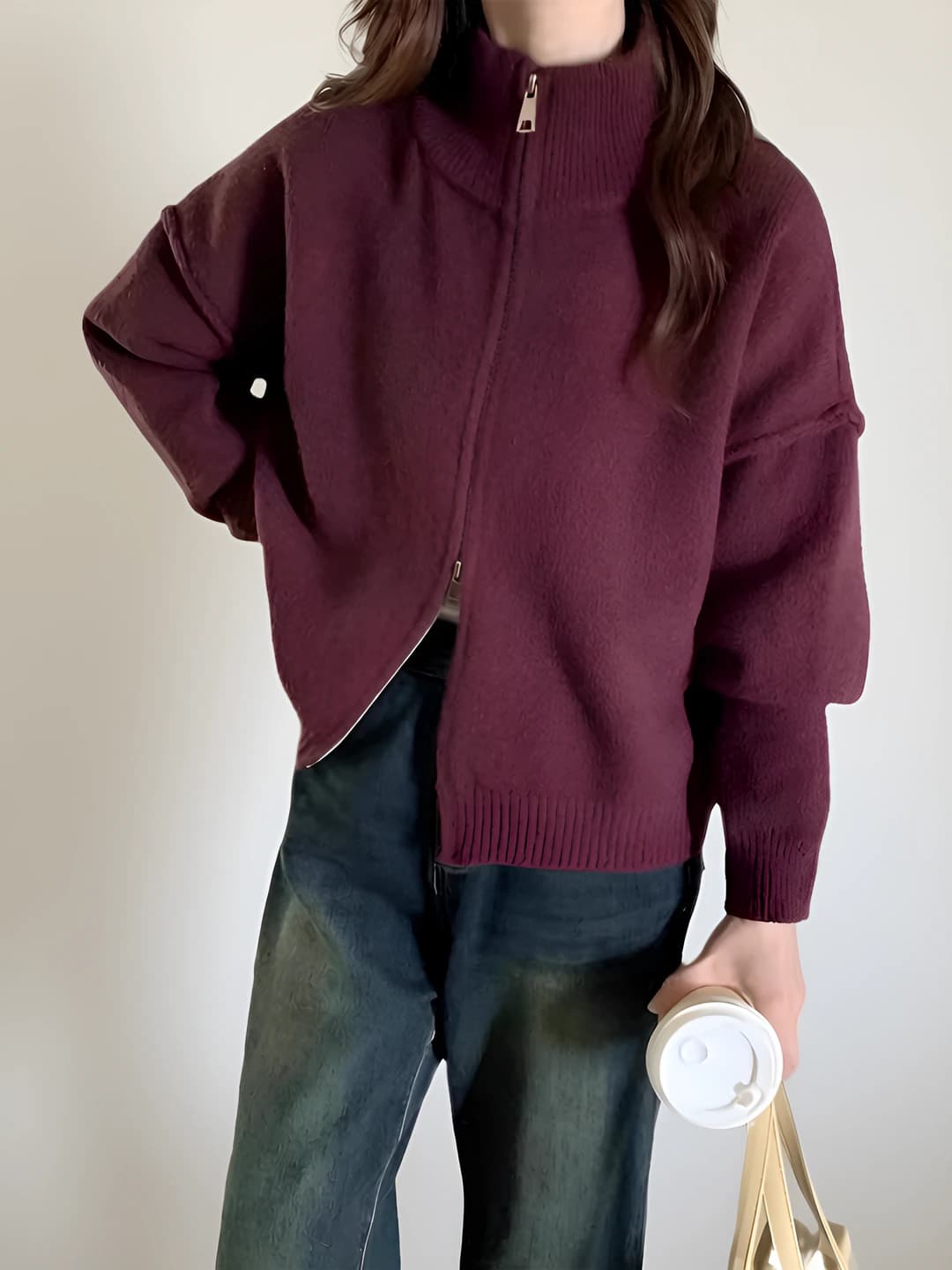 Ayollar uchun kuz-qish trikotaj kardigan, fermuarli, tik yoqa, uzun yeng, bo'sh (oversize) kesim, qalin, koreys uslubida