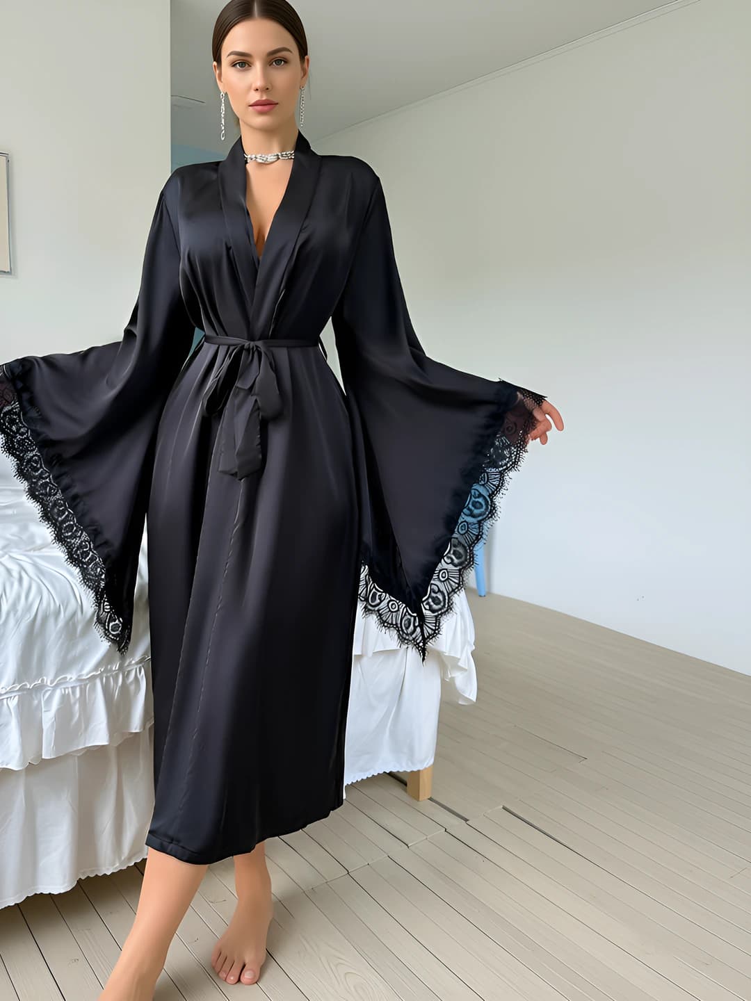 Women's satin lace house robe, long sleeve, V-neck, for summer, spring, and autumn