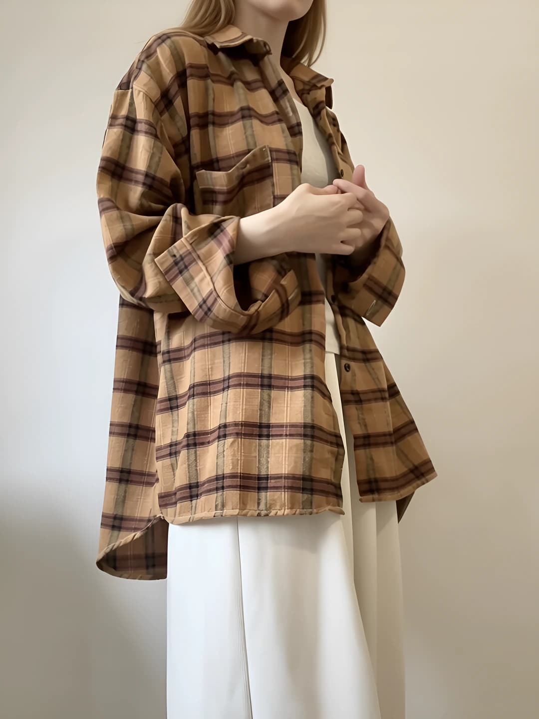 Women's retro checked long-sleeve shirt, spring-autumn, loose fit, casual, POLO collar, outerwear