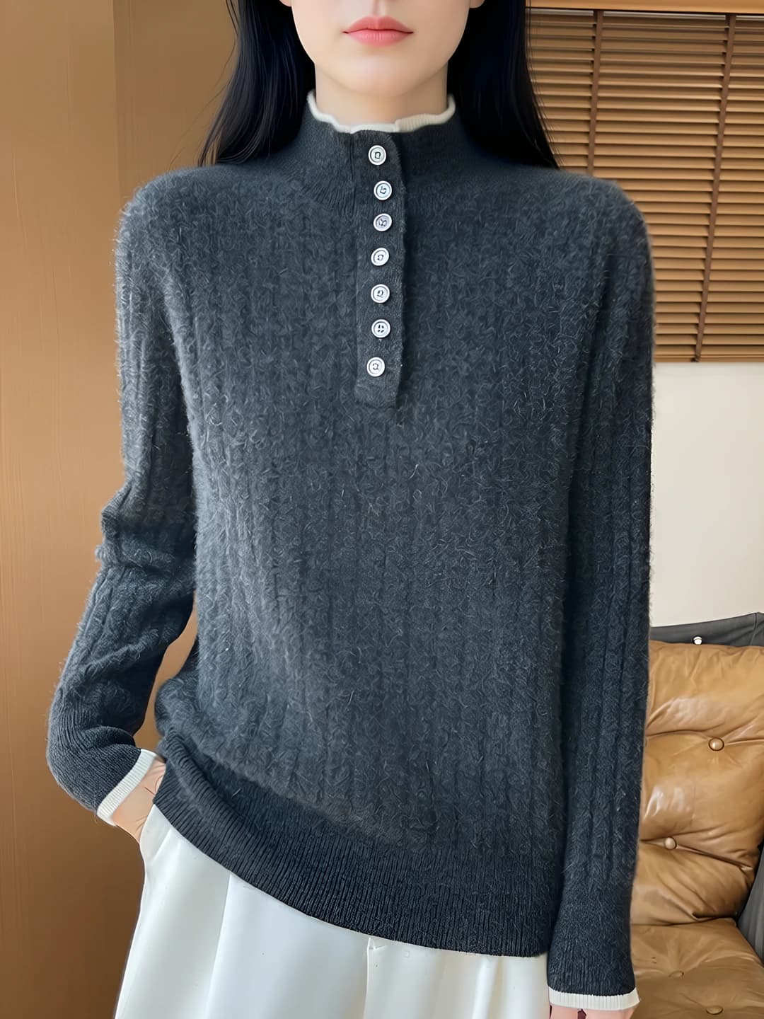 Women's wool sweater, stand collar, long sleeve, autumn-winter, 95% wool, non-iron