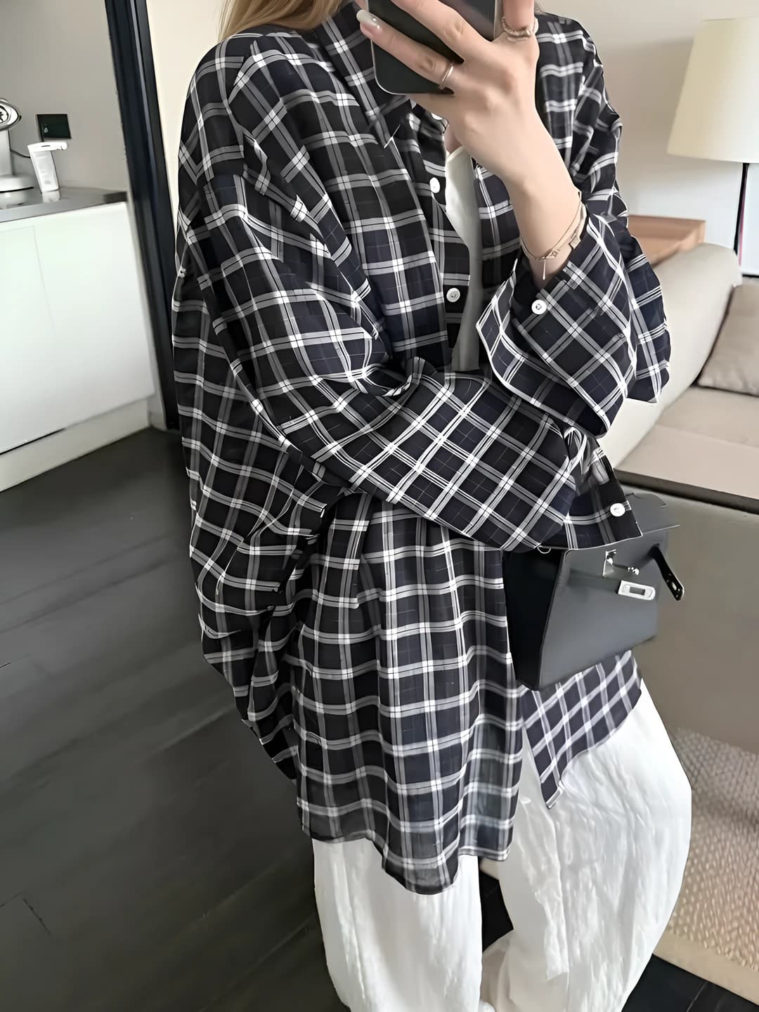 Women's checked long-sleeve shirt: for summer and autumn, loose fit, slimming, sun-protective, POLO collar, casual style