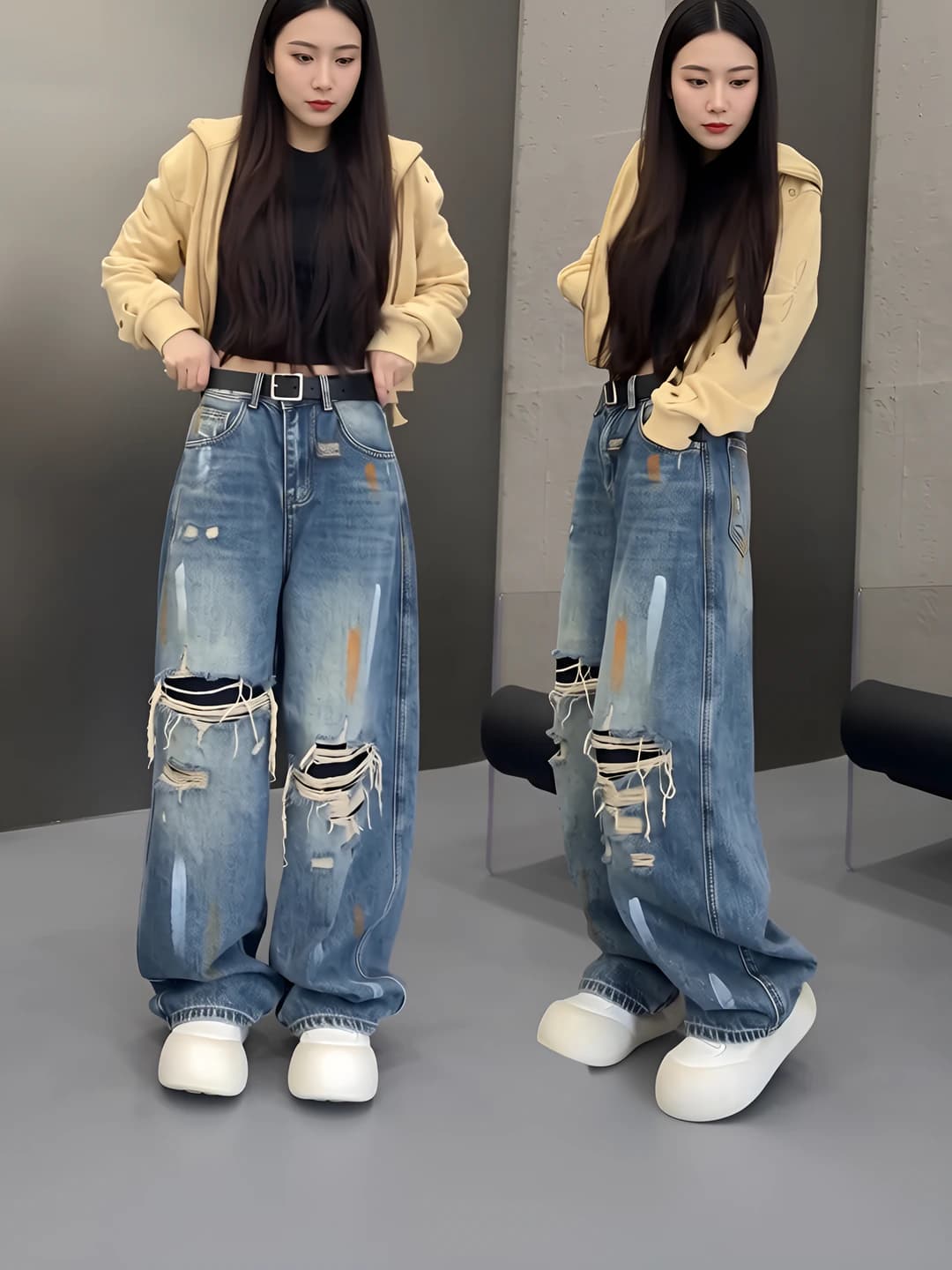 Women's plus size (2-300 jin) distressed wide and flared jeans, loose fit, retro, high waist, trousers