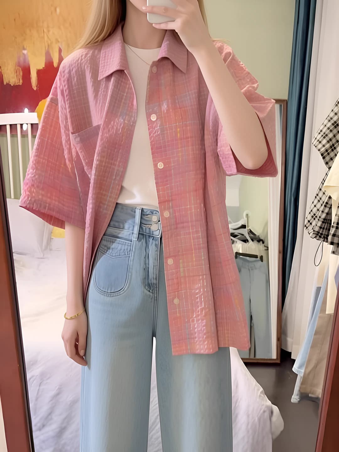 Women's summer short sleeve checked blouse, POLO collar, loose fit, thin fabric