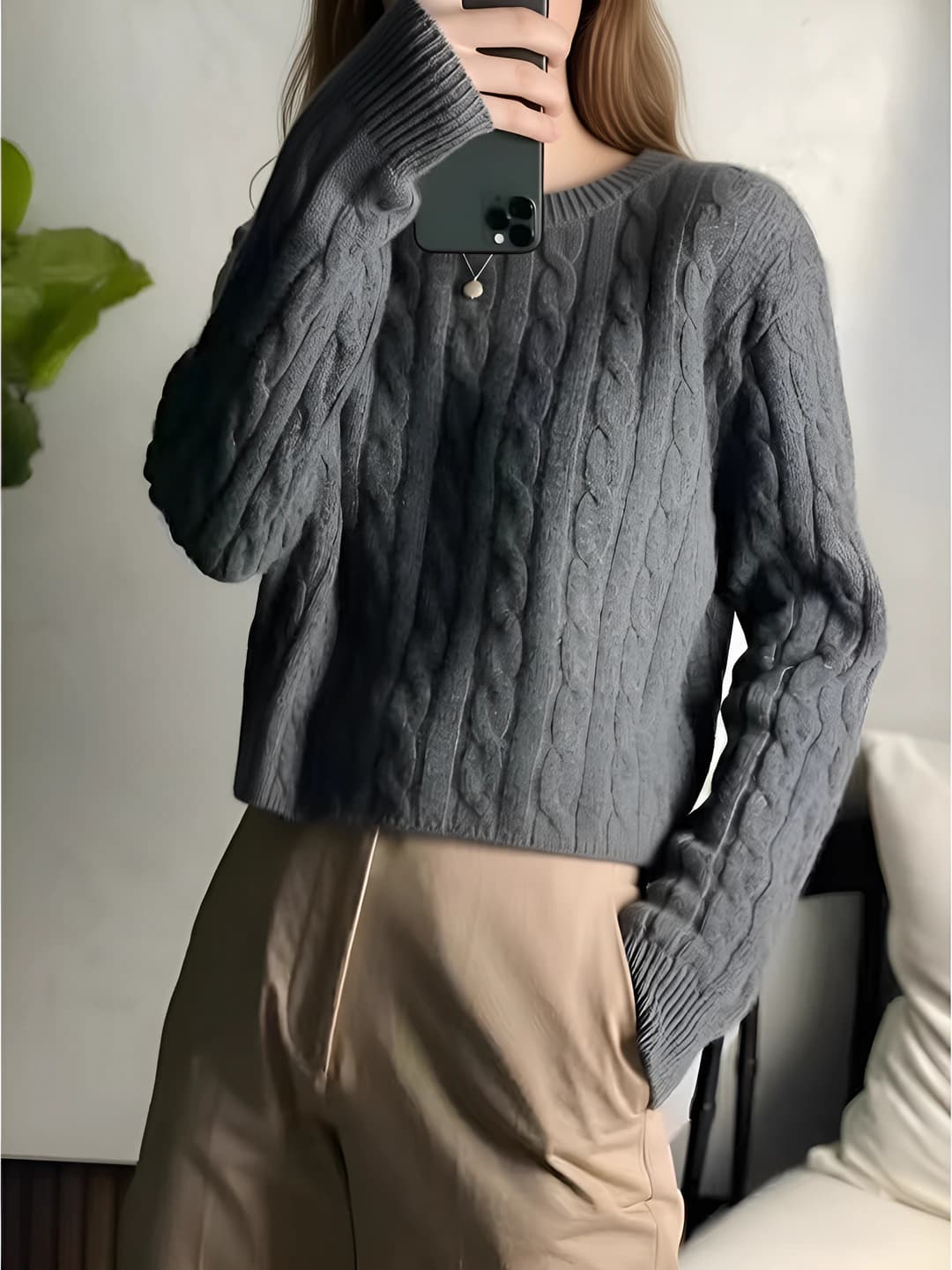Women's wool and cashmere crew neck, long sleeve, loose fit, thickened, autumn-winter casual sweater