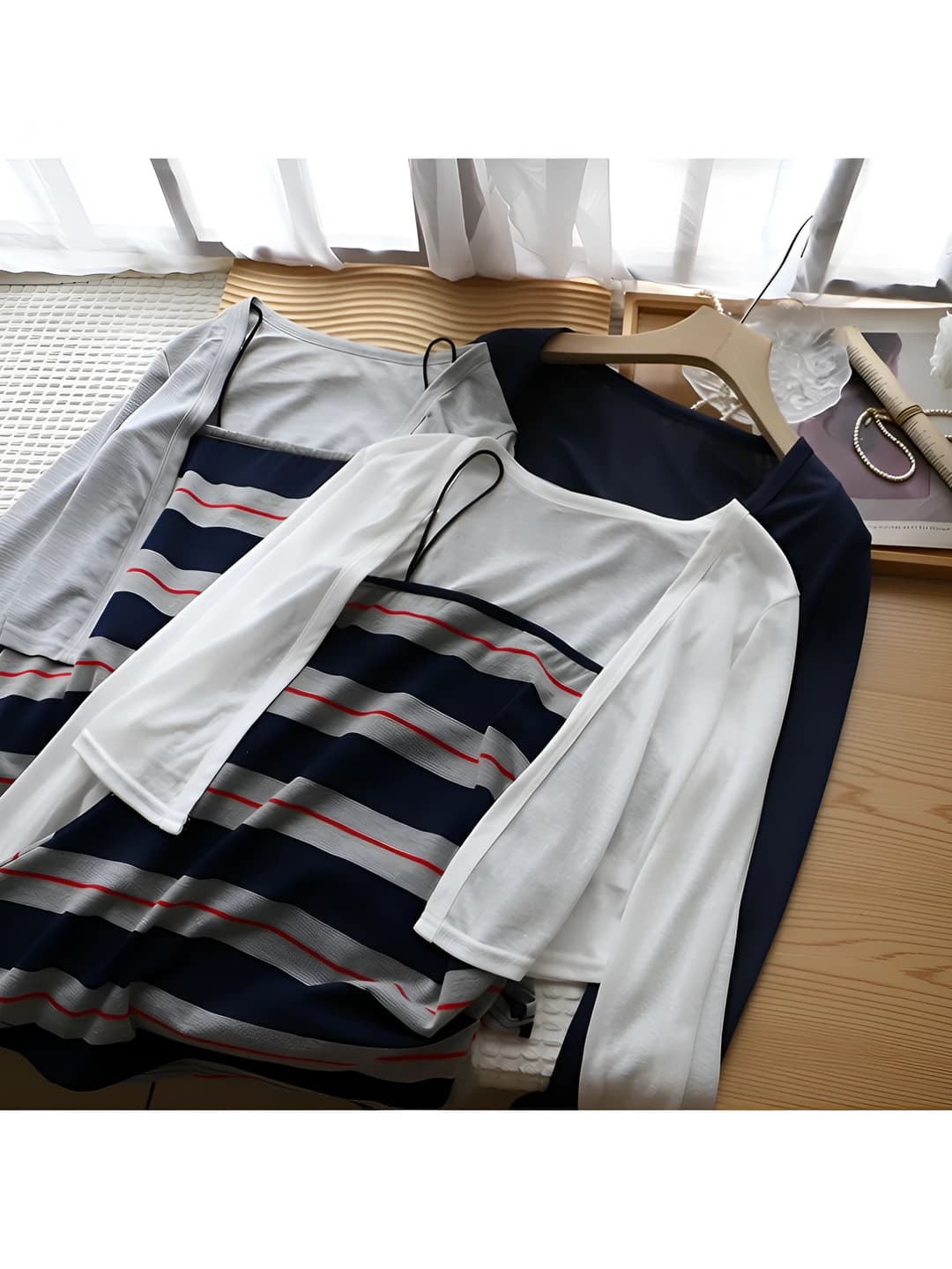 Women's 2026 summer Korean style striped sun-protective long sleeve casual set (camisole + blouse)