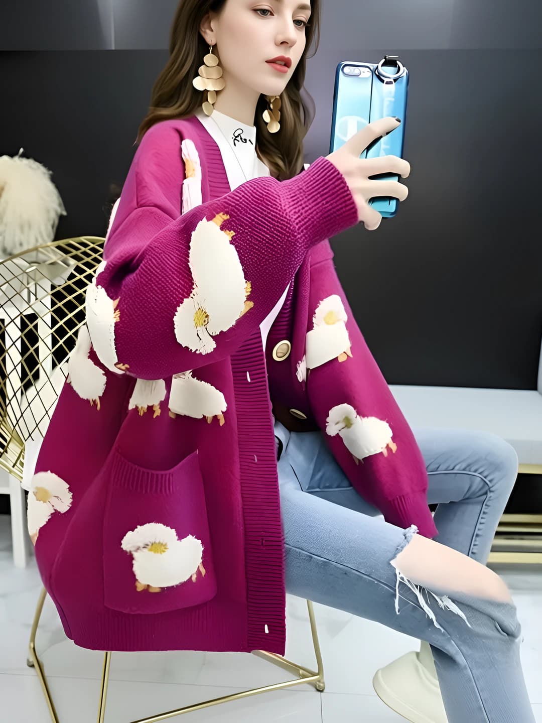 Women's retro cardigan with 3D pattern, loose fit, slimming, long sleeve, crew neck, single button closure, for spring-autumn