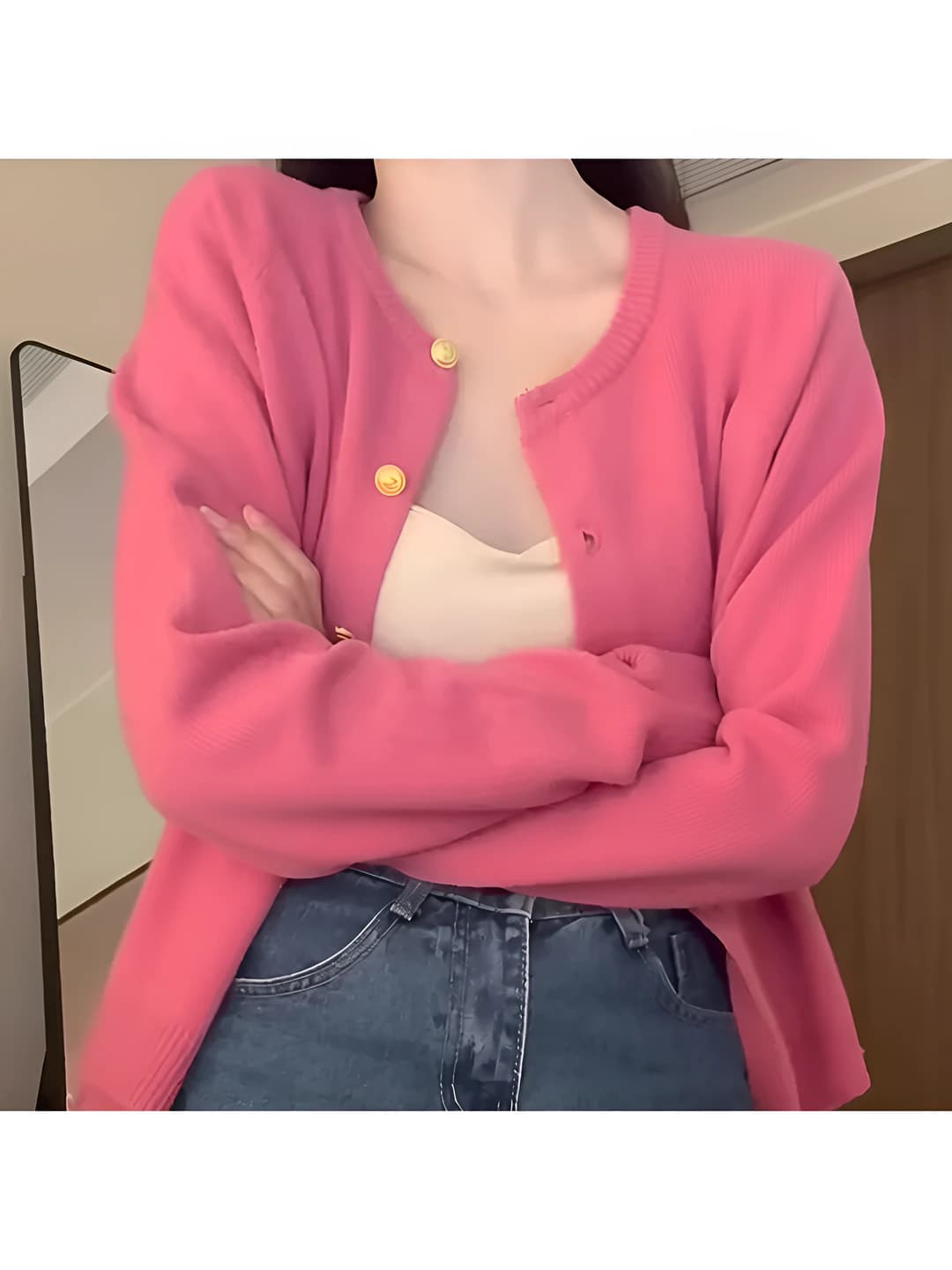Women's autumn-winter knit cardigan, crew neck, long sleeve, solid colour, loose fit, closure: closure