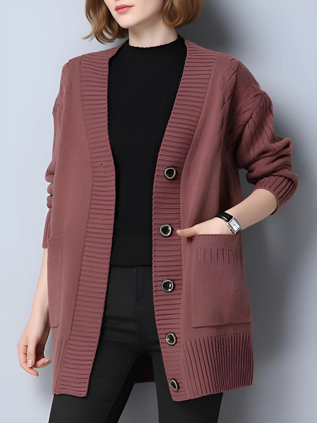 Women's spring-autumn cardigan: loose fit, V-neck, long sleeve, mid-length, solid colour, plus size