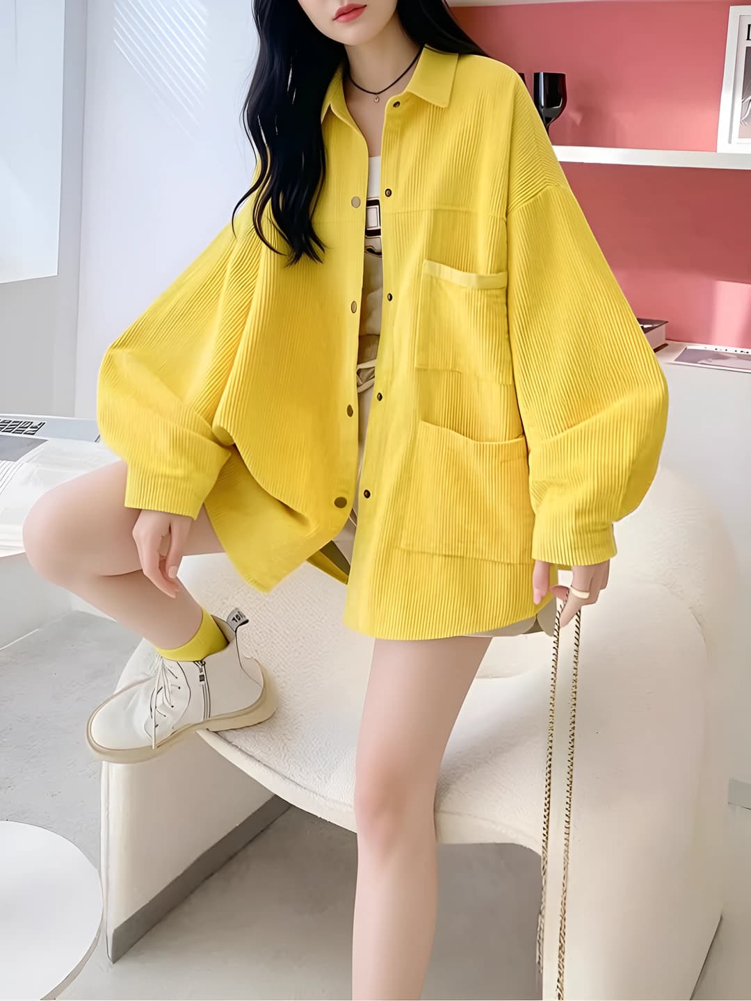 Women's corduroy shirt, loose fit, long sleeve, POLO collar, solid colour, mid-length, casual style, spring-autumn