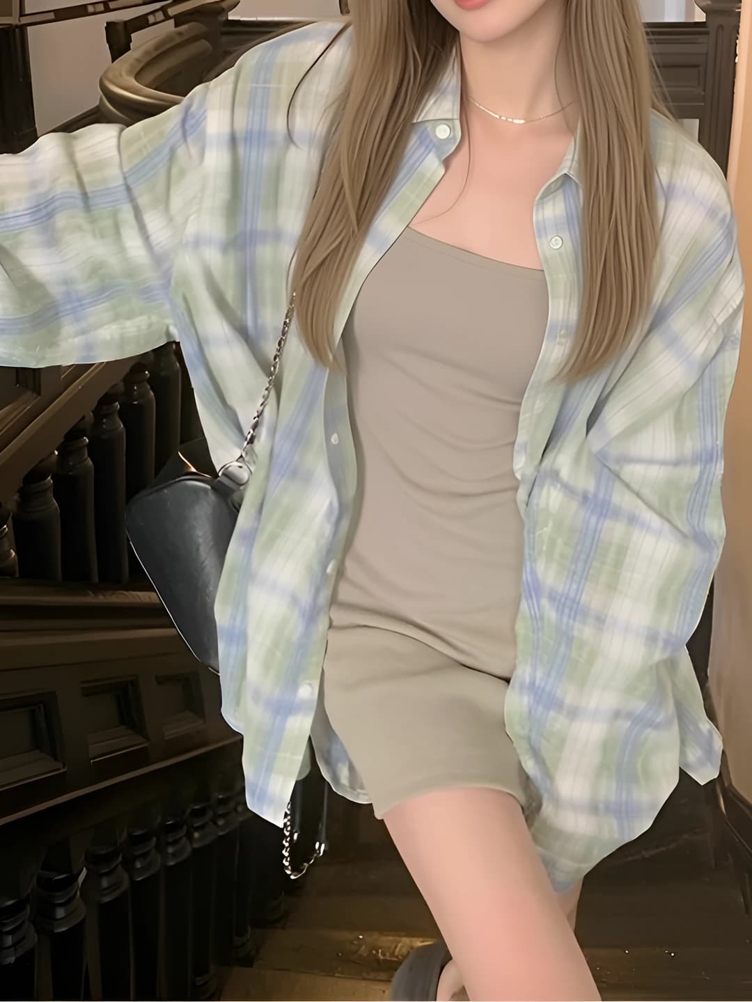 Women's checked polo collar long sleeve shirt, retro, casual, loose fit, mid-length, sun-protective for summer and autumn