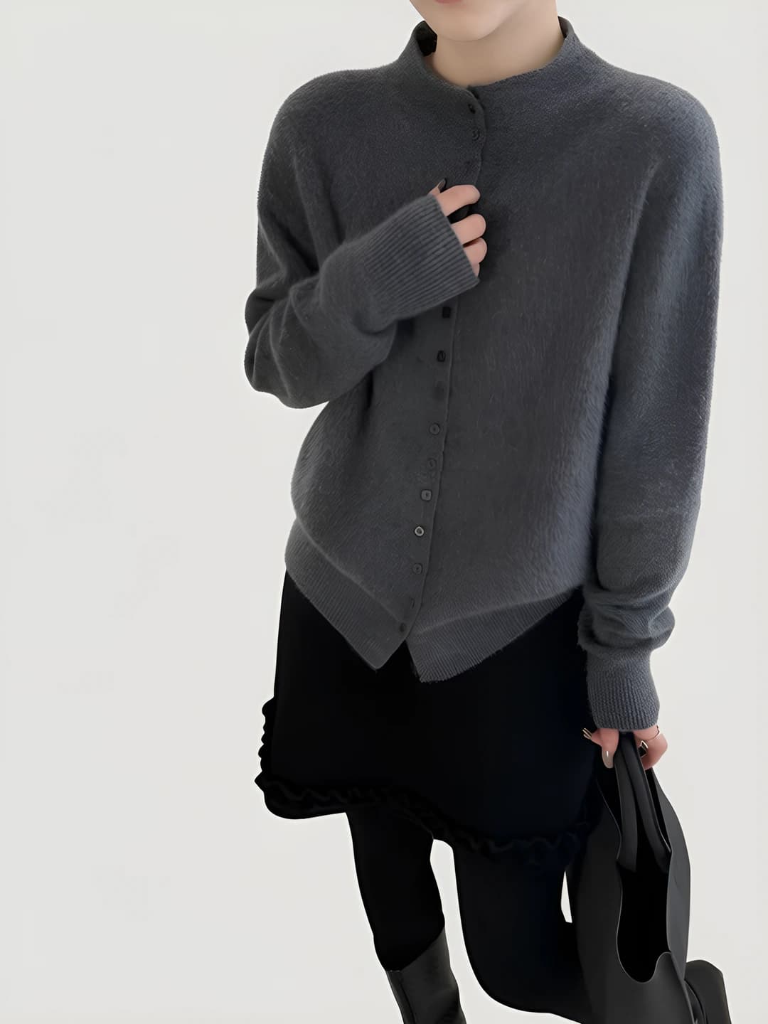 Women's wool and cashmere cardigan, autumn-winter, mock neck, long sleeve, medium thickness, single row buttons