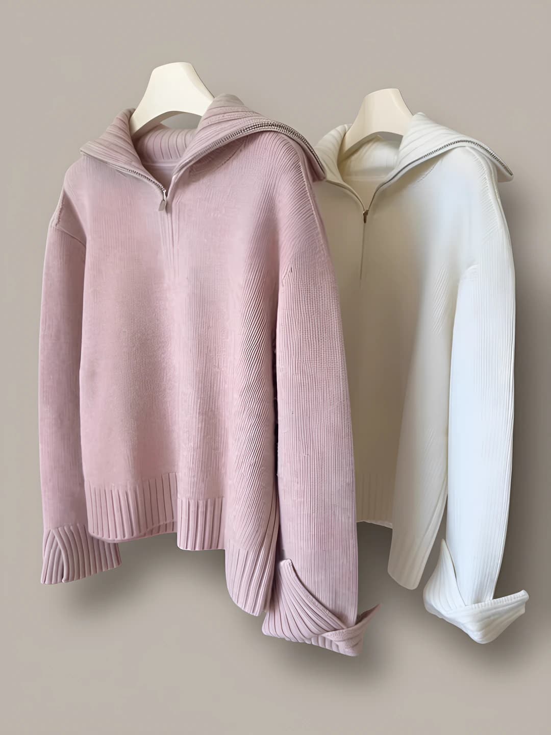 Ayollar uchun kuz-qish yarim fermuarli qaytarma yoqali 100% jun va kashemir sviter, bo'sh (oversize) kesim, uzun yeng, qalin, uslubli