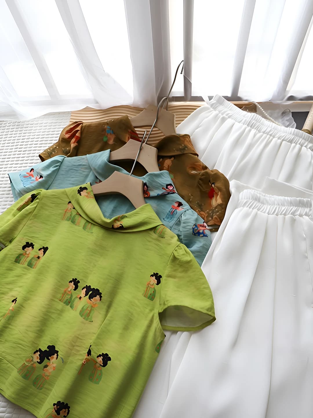 Women's 2026 summer Korean style retro Chinese pattern casual set: blouse and trousers