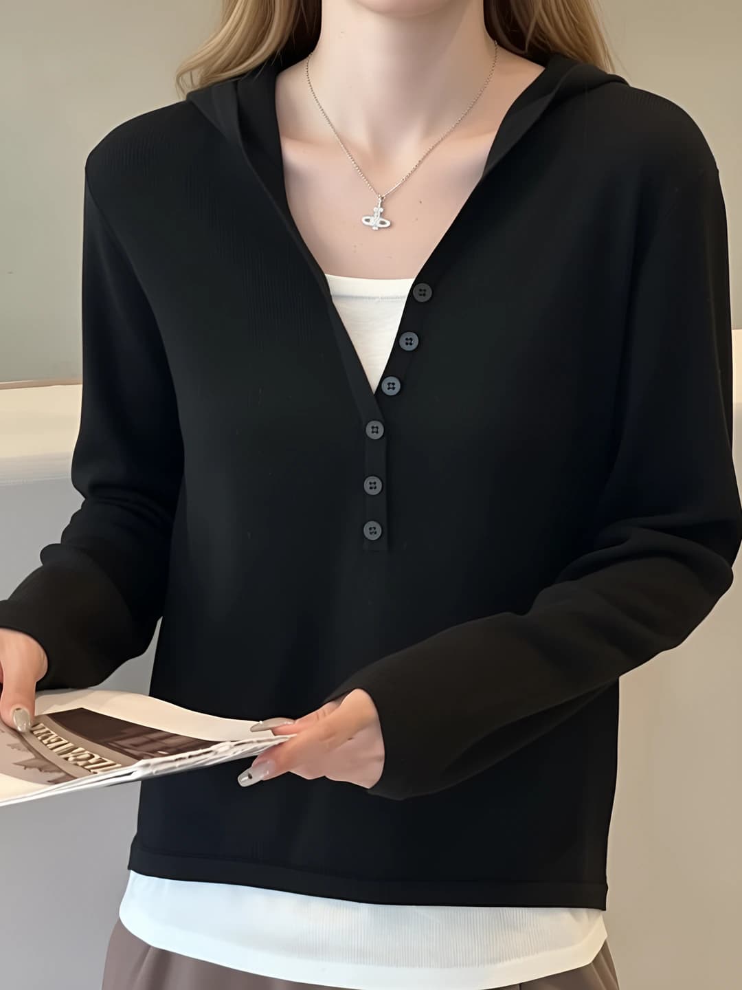 Women's knit top: long sleeve, wool and mulberry silk blend, medium thickness, autumn