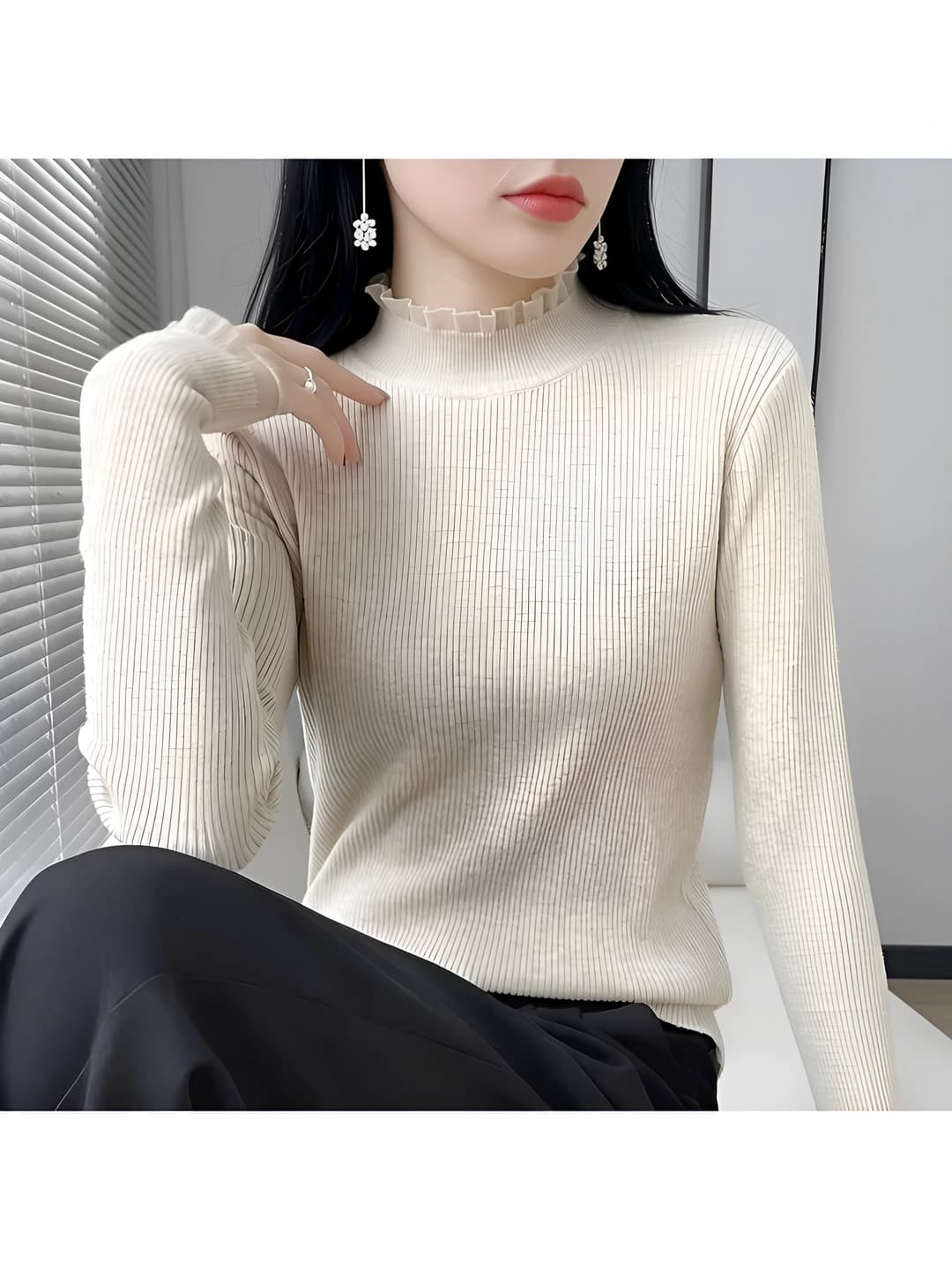 Women's autumn lace knit top, slim fit, mock neck, long sleeve, solid colour, slimming