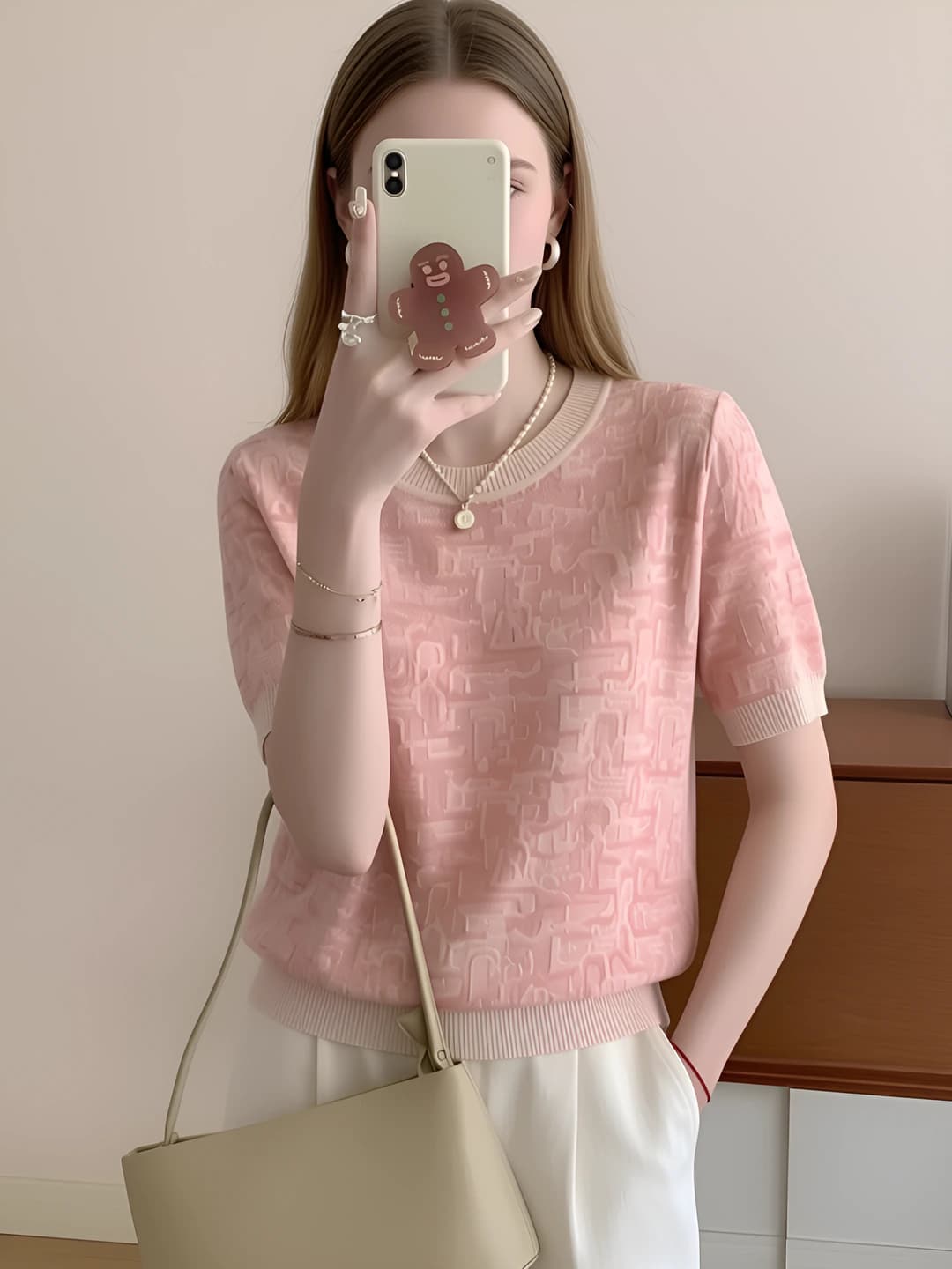 Women's summer ice-silk fabric knitted top with short sleeve, crew neck, solid colour, loose fit