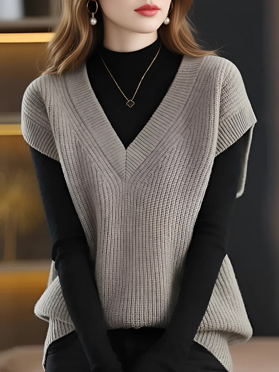 Ayollar uchun kuz-qish V-yoqa bo'sh (oversize) bir rangli jilet