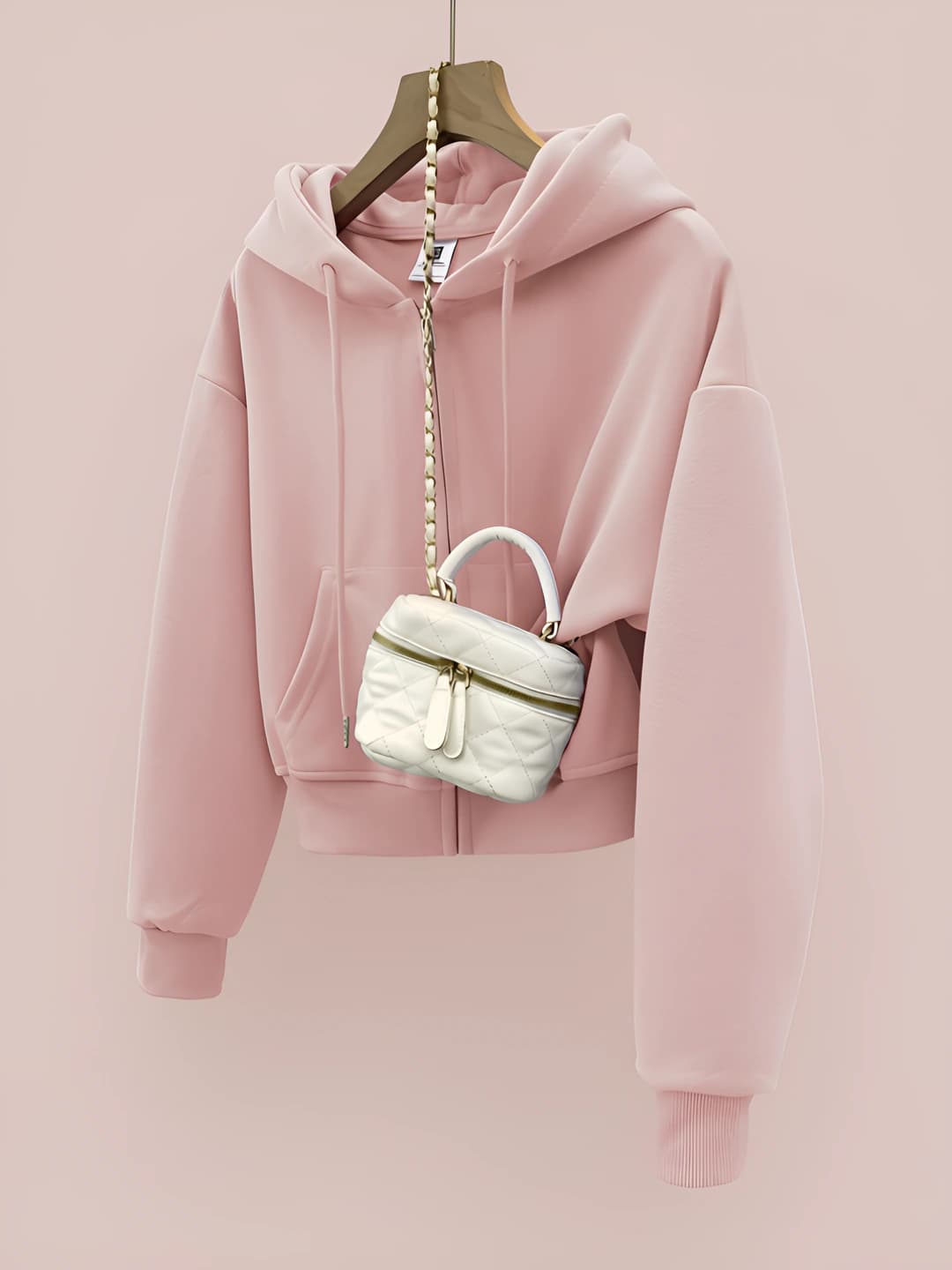 Women's hooded zip-up sweatshirt, loose fit, thin, cropped, long sleeve, solid colour, autumn