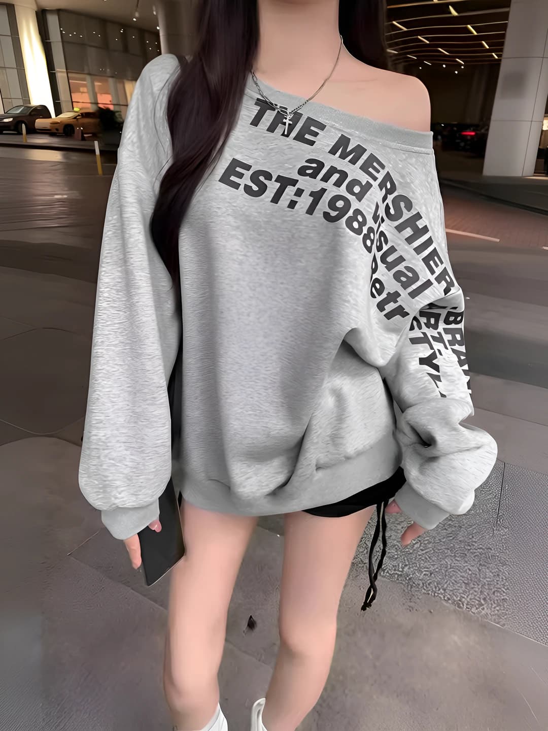 Women's autumn long sleeve loose fit slimming printed off-shoulder sweatshirt