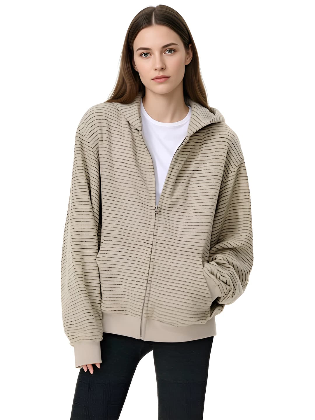 Women's striped zip-up hoodie, spring-autumn, loose fit, slimming, casual style